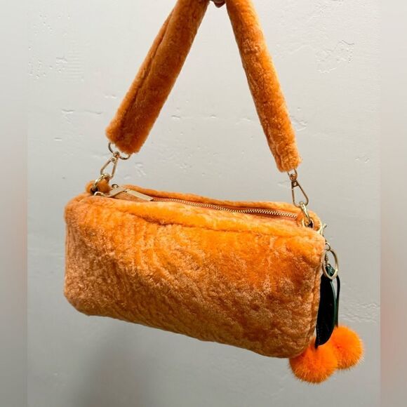 Orange Real Shearling Double Zip Pillow Bag, Lamb Fur Shoulder Bag, Crossbody - Picture 7 of 16